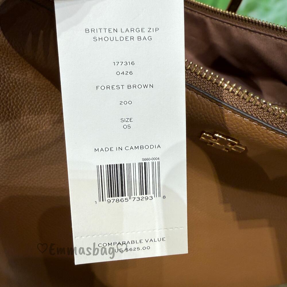Tory Burch Britten Large Zip Shoulder Bag 177316 Forest Brown $625 - Picture 7 of 7